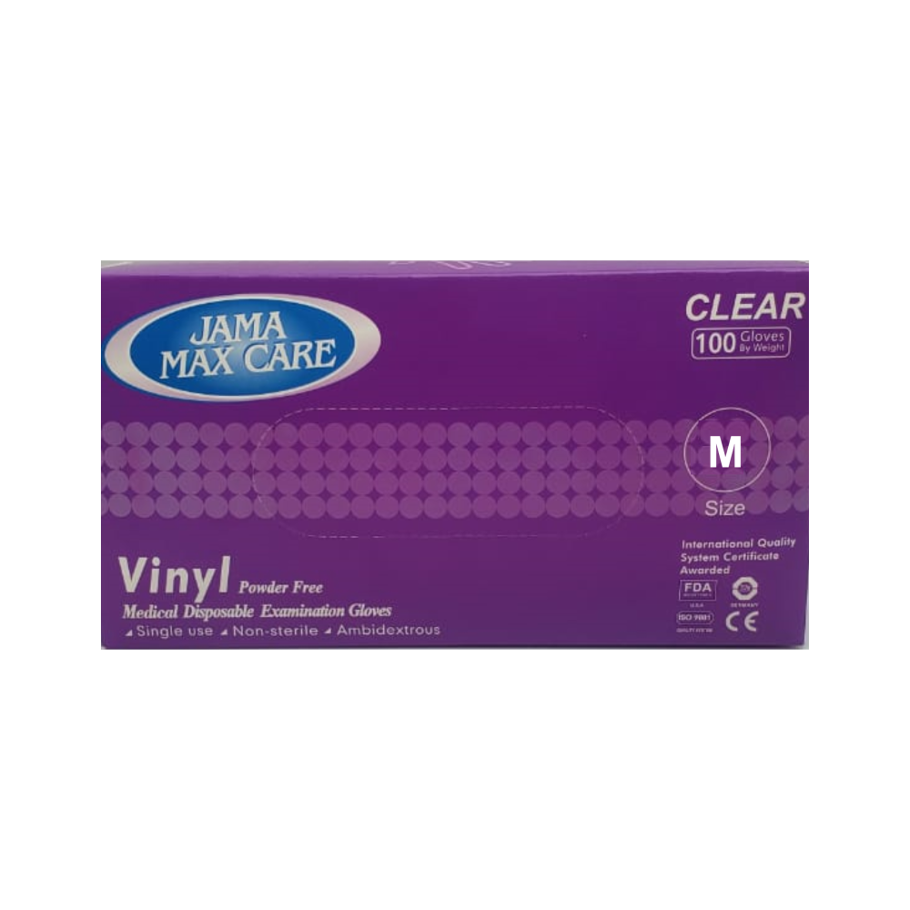 جاما ماكس كير- قفازات فينايل طبية بلاستيك بدون بودره شفاف مقاس (م) متوسط جاما ماكس كير- قفازات فينايل طبية بلاستيك بدون بودره شفاف مقاس (م) متوسط