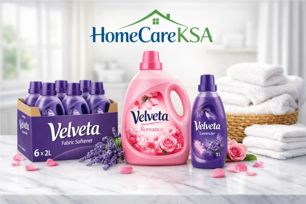 مجموعة منتجات فلفيتا منعم ومعطر ملابس لمتجر HomeCareKSA - جل اللافندر وعبوة الزهور الرومانسية